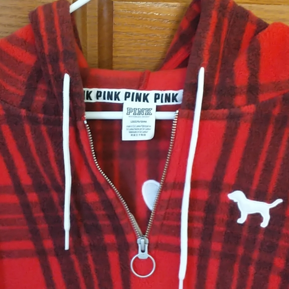 RARE PINK Victoria's Secret Faux Polar Fleece Red & Black Plaid Half-Zip Hoodie - Picture 4 of 8